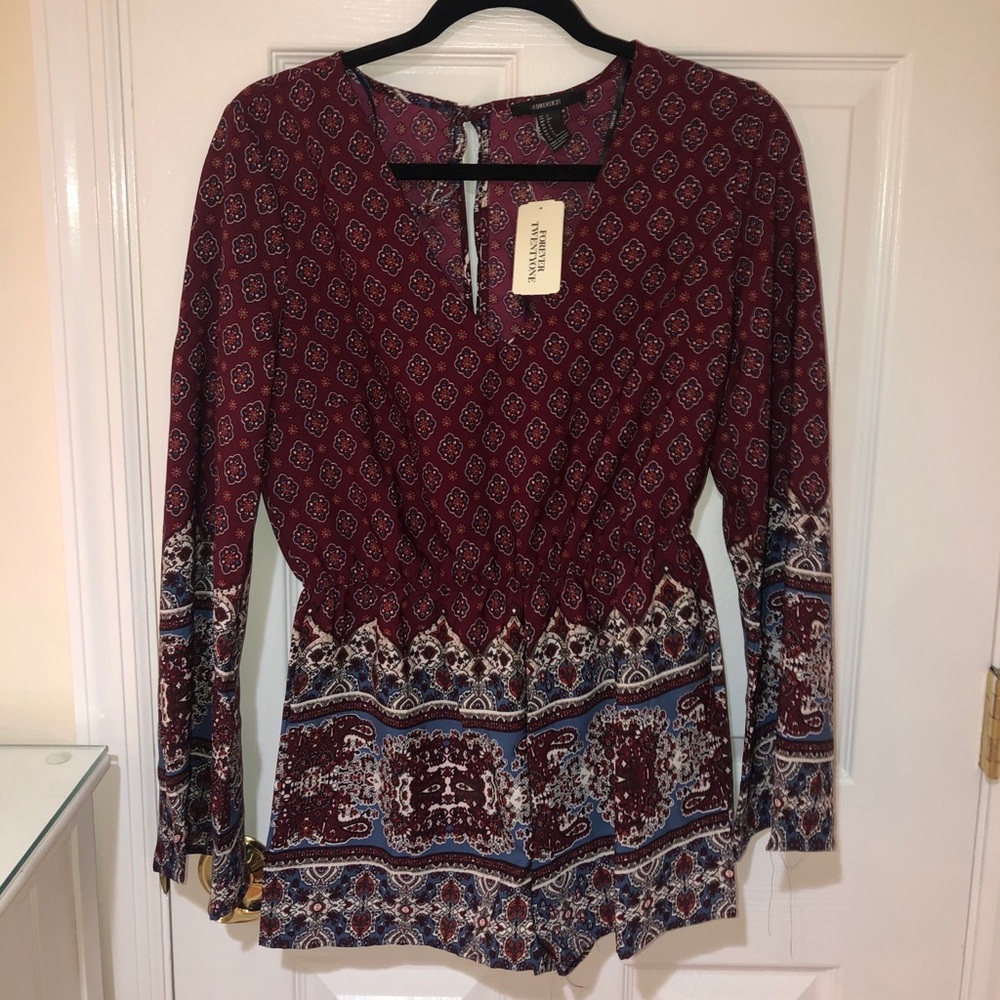 Forever 21 maroon paisley v neck romper